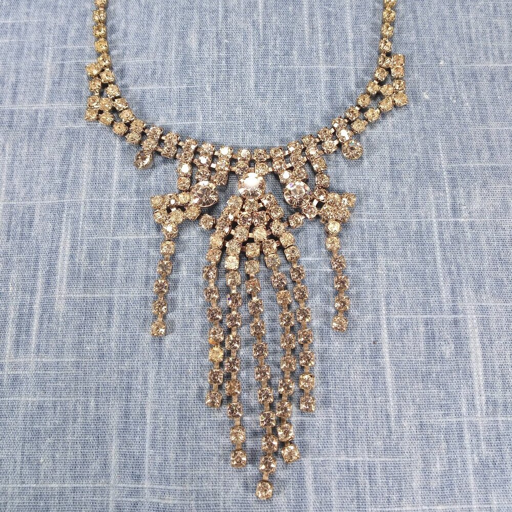 1950s Vintage Statement Necklace with Drop Strands of Clear Rhinestone - Picture 1 of 8